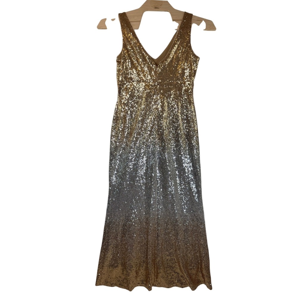 MARINA Size 12 Gold Silver Ombre Sequin V-Neck Maxi Evening Gown Dress